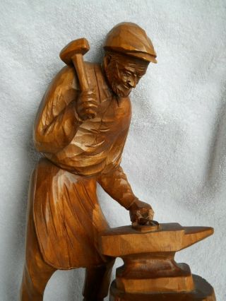 Vintage Wood Carving Blacksmith with anvil signed Canadian Artist Caron 2