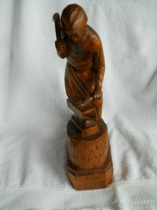 Vintage Wood Carving Blacksmith with anvil signed Canadian Artist Caron 5