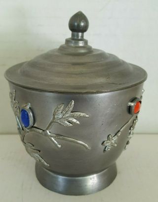 Vintage Chinese Pewter Bowl With Lid And Semi Precious Stones