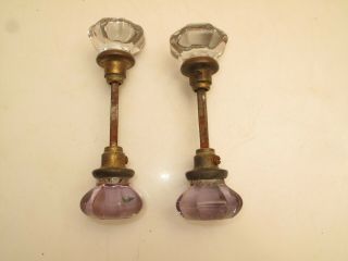 Antique 8 Point Amethyst Purple Glass Door Knob Set Handles Vtg 1800s