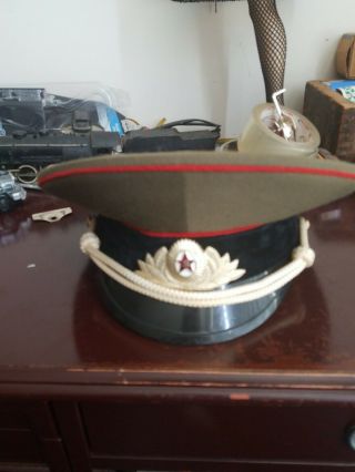 Vintage Russian Peaked Military Cap Army Green Soviet Badge Black Felt Band 60
