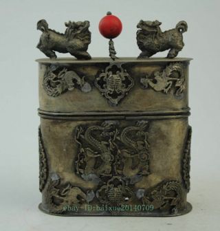 Chinese old copper plating silver Handwork Dragon Phoenix Toothpick box a02 4