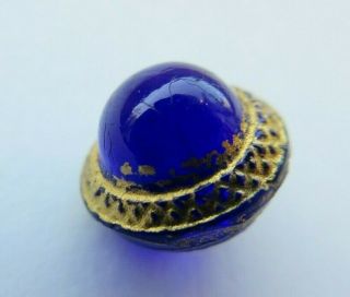 Brilliant Antique Vtg Cobalt Glass Button Realistic Acorn W/ Gold Luster (h)