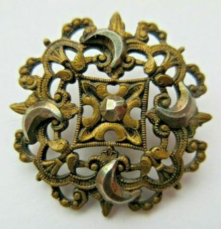 Exceptional Antique Victorian Brass Metal Filigree Button Cut Steel Moons 1 " (h)
