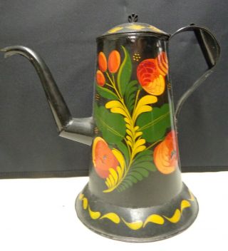 Large Antique Tole Painted Tin Coffee Pot Toleware Teapot