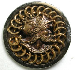 Bb Antique Steel Cup Button Detailed Warrior W/ Helmet & Looped Border - 7/8 "