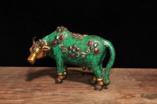 6 " Old Tibet Buddhism Bronze Inlay Turquoise Gem Animal Ox Bull Cattle Statue