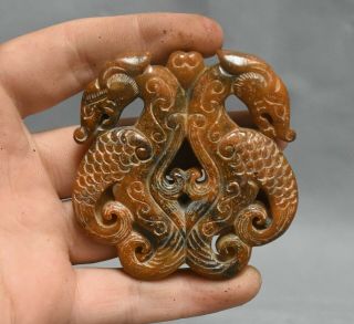 2.  6 " Old Chinese Ancient Jade Carved Double Dragon Beast Lucky Pendant Amulet