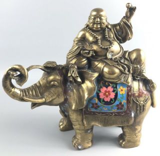 Tibet Brass Cloisonne Maitreya Buddha Ride On Elephant Statue - 1110