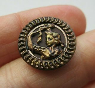 Delightful Antique Vtg Victorian Metal Picture Button Girl Child W/ Wand (d)