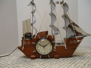 Vintage United 811 Wood Sailing Ship Mantel Clock W Lights Retro Well