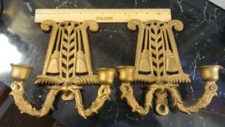 Art Deco Heavy Gold Painted Metal Pair French Wall Candelabra Sconce Early 1900