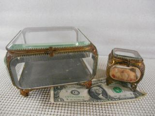 2 Antique 19th C French Bronze Beveled Glass Jewelry Trinket & Ring Footed Boxes