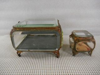 2 Antique 19th C FRENCH BRONZE BEVELED GLASS JEWELRY TRINKET & RING FOOTED BOXES 4