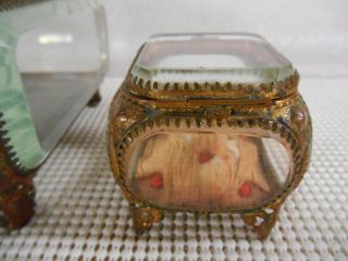 2 Antique 19th C FRENCH BRONZE BEVELED GLASS JEWELRY TRINKET & RING FOOTED BOXES 6