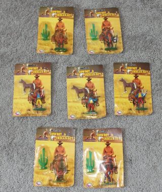 (7) Vtg Agglo Die Cast Cowboys & Indians 3 " Figure Nos On Card Cactus Horse