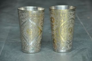 2 Pc Brass Flower Inlay Engraved Solid Handcrafted Lassi Milk Glasses