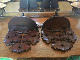 Antique Wooden Black Forest Carved Maple Leaf Hanging Wall Shelf Pair 3