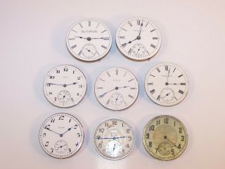 8 Vintage Elgin Pocket Watch Movements 18s 16s 12s For Repair Or Parts
