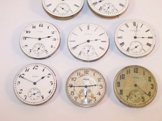 8 Vintage Elgin Pocket Watch Movements 18s 16s 12s for Repair or Parts 3