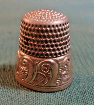 Vintage Simons Brothers Silver Thimble W/gold Band Scroll Design