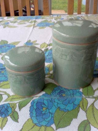 Two Vintage Baan Celadon Green Tea Caddies/ginger Jars Elephant Pattern