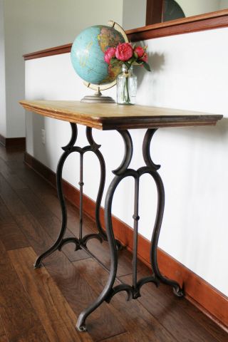 Antique Side End Table On Cast Iron Sewing Machine Base - Antique Oak Top