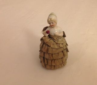 Antique Victorian Porcelain Ruffled Half Doll Pin Cushion
