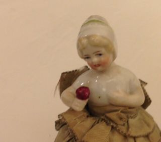 Antique VICTORIAN Porcelain Ruffled Half Doll Pin Cushion 5