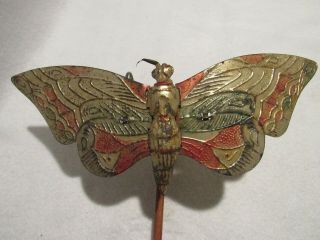 Antique Vintage Butterfly Tin Push Pull Toy Wooded Handle Metal Wheels
