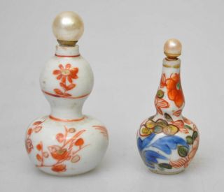 Two Antique Chinese Porcelain Snuff Bottles Baluster Shaped Qing Iron Red