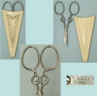 Antique Steel Embroidery Scissors In Lacy Celluloid Sheath Prussia Circa 1900