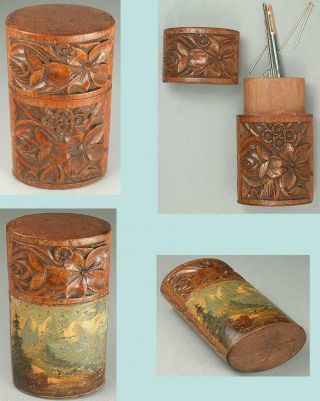 Ornate Antique Carved & Hand Painted Wooden Needle Case Swiss Circa 1890s
