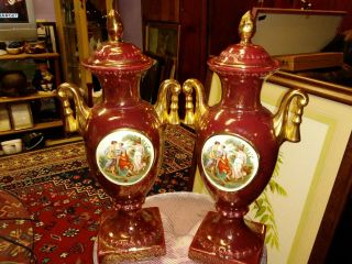 Antique Pair Empire Ware Porcelain Urns Burgundy Made In England Gorgeous