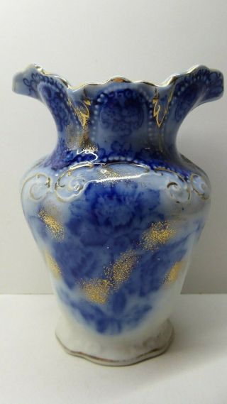 Antique Victorian Pottery Ceramic Flow Blue Gilt Vase China Toothbrush Pot