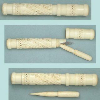 Antique Carved Bone Needle Case & Stiletto English Circa 1890s