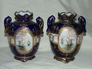 Antique Japanese Noritake China Vases Blue Gilt & Boat Design