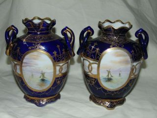 ANTIQUE JAPANESE NORITAKE CHINA VASES BLUE GILT & BOAT DESIGN 2