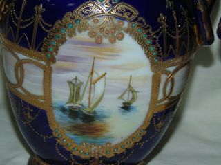 ANTIQUE JAPANESE NORITAKE CHINA VASES BLUE GILT & BOAT DESIGN 3