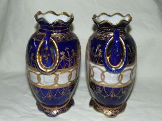 ANTIQUE JAPANESE NORITAKE CHINA VASES BLUE GILT & BOAT DESIGN 5