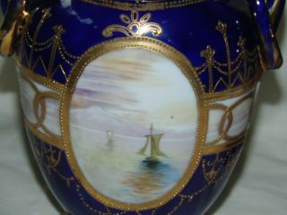 ANTIQUE JAPANESE NORITAKE CHINA VASES BLUE GILT & BOAT DESIGN 6