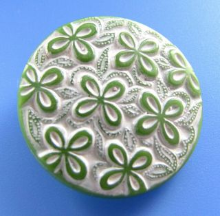 Large & Stunning Antique Vintage Czech Glass Button Hand Painted Green Flower