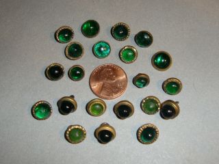 Antique Waistcoat Buttons Green Glass In Brass Settings Domed Glass