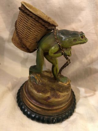 Antique Bronze Cold Painted Frog Match Holder Striker Basket Victorian Heavy