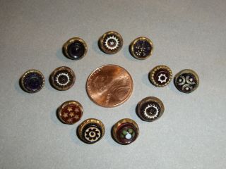 Antique Waistcoat Buttons Red And Black Glass In Brass Settings
