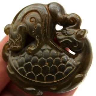 P231 Ancient Chinese Old Jade Handcarved Dragon Turtle Beast Amulet Pendant 2.  0 "