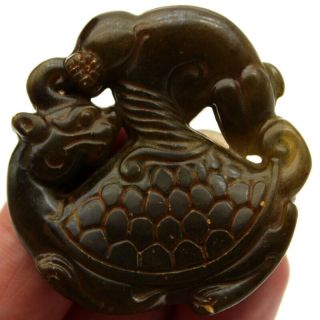 P231 Ancient Chinese Old Jade Handcarved Dragon Turtle Beast Amulet Pendant 2.  0 