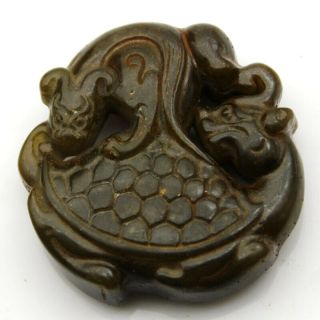 P231 Ancient Chinese Old Jade Handcarved Dragon Turtle Beast Amulet Pendant 2.  0 