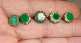 Antique Waistcoat Buttons Green And White Glass In Brass Setting