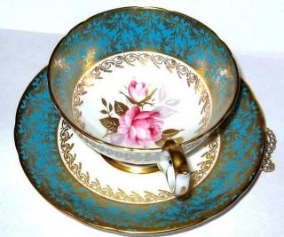 Aynsley Tea Cup And Saucer Floating Pink Rose Turquoise Gold Bone China Teacup